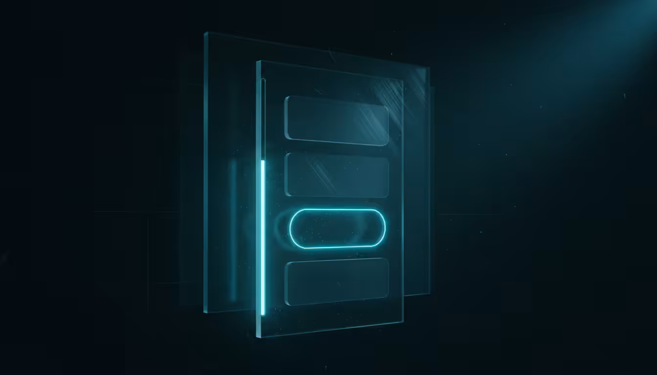 Ilustracao 3D de painel de navegador em vidro fosco com barra de progresso cyan representando animacoes CSS de scroll