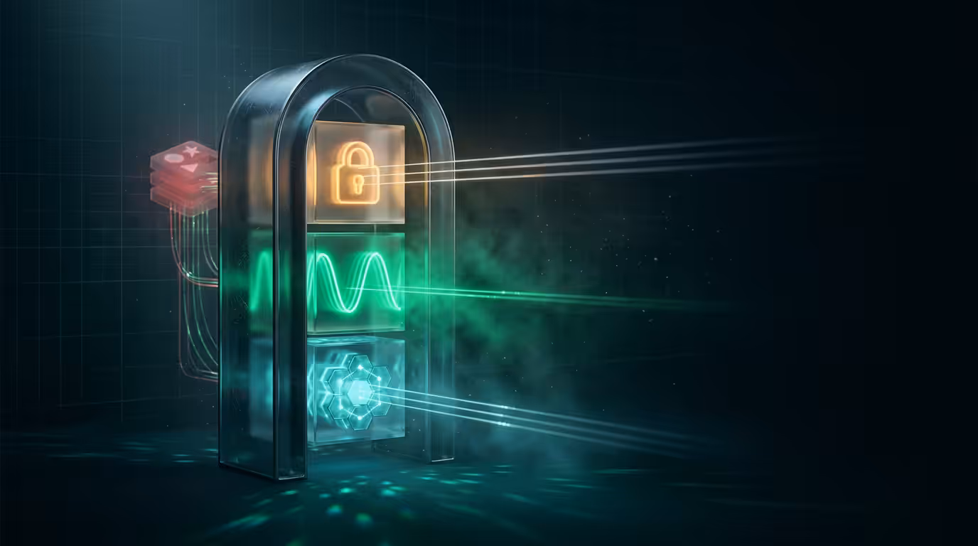 Ilustracao 3D de um portal gateway translucido com tres camadas luminosas representando autenticacao rate limiting e caching