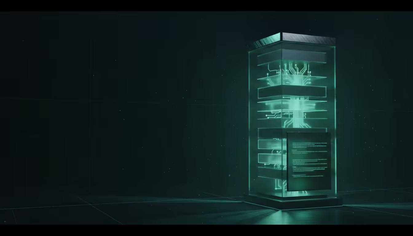 Ilustracao 3D de monolito de vidro fosco com camadas internas iluminadas em verde representando API REST profissional