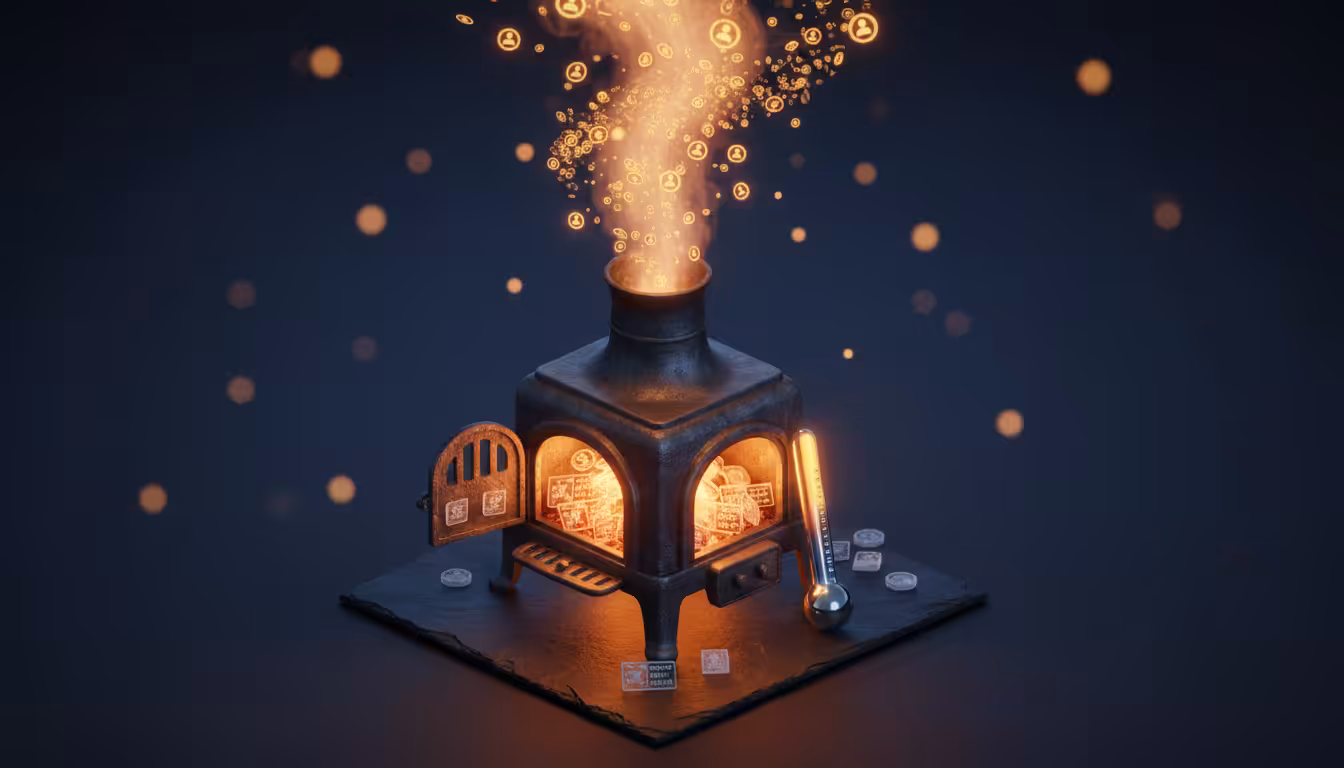 Ilustracao de uma fornalha aquecendo tokens de anuncios representando aquecimento de conta de ads
