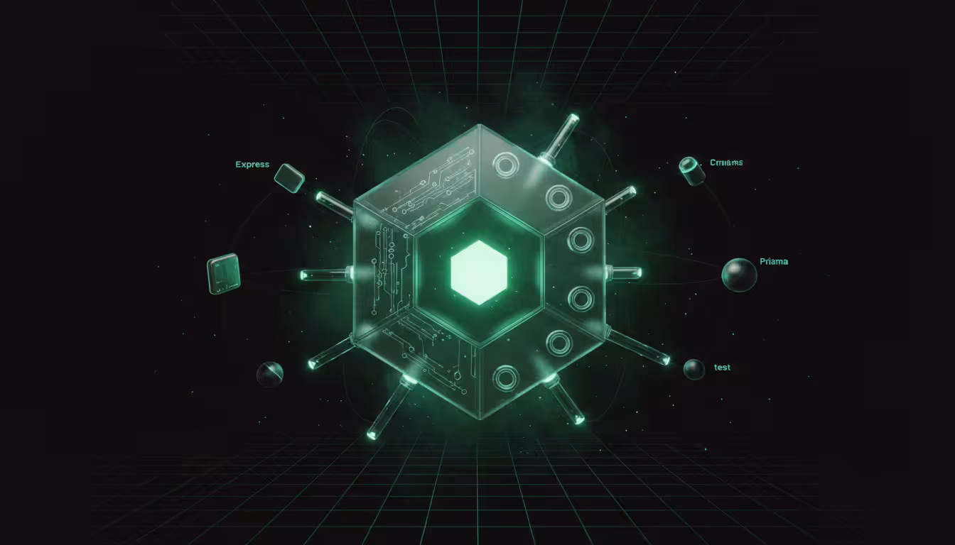 Ilustracao 3D de prisma hexagonal de vidro translucido com portas luminosas representando Arquitetura Hexagonal