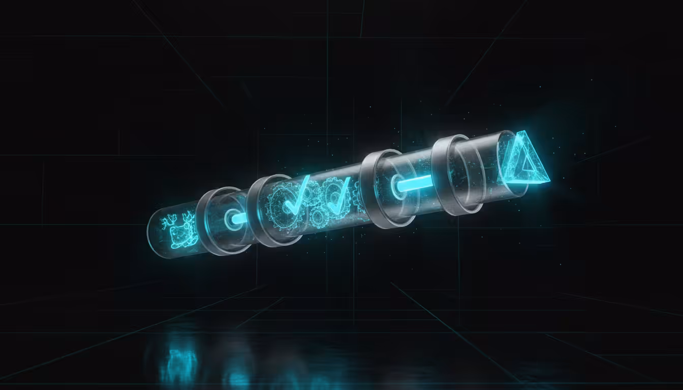 Ilustracao 3D de pipeline de vidro translucido representando CI/CD para Next.js com Vercel e GitHub Actions