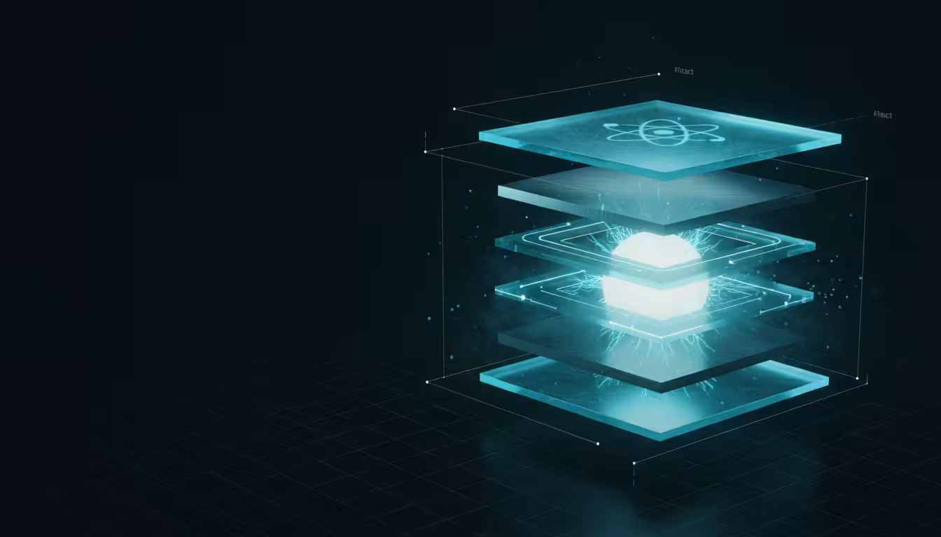 Ilustracao 3D de cubo cristalino em camadas separadas com nucleo luminoso representando Clean Architecture no React
