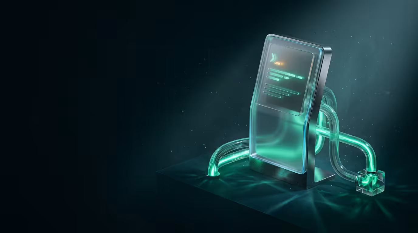 Ilustracao 3D de terminal CLI em vidro fosco com condutos bioluminescentes verdes representando integracao com LLMs