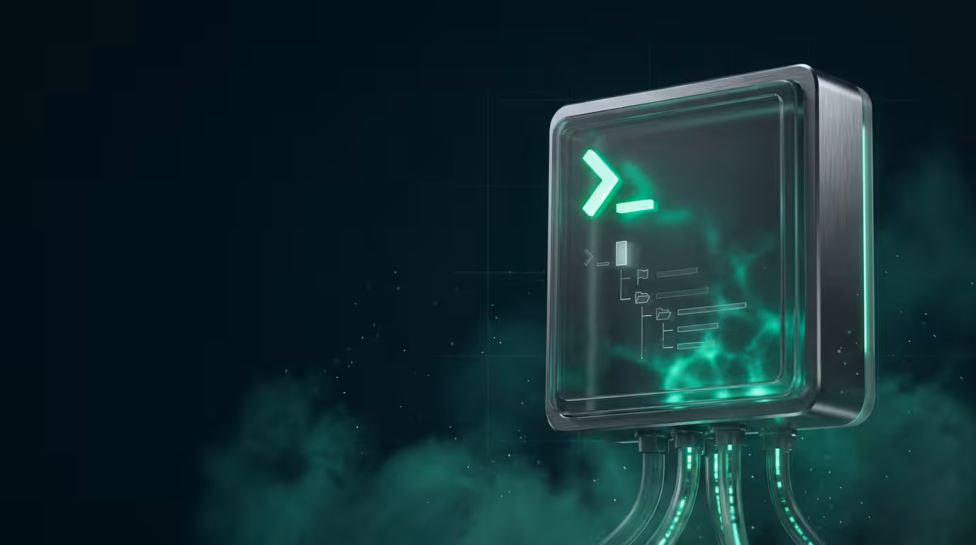 Ilustracao 3D de terminal monolitico de vidro fosco com luz esmeralda representando criacao de CLI com Node.js