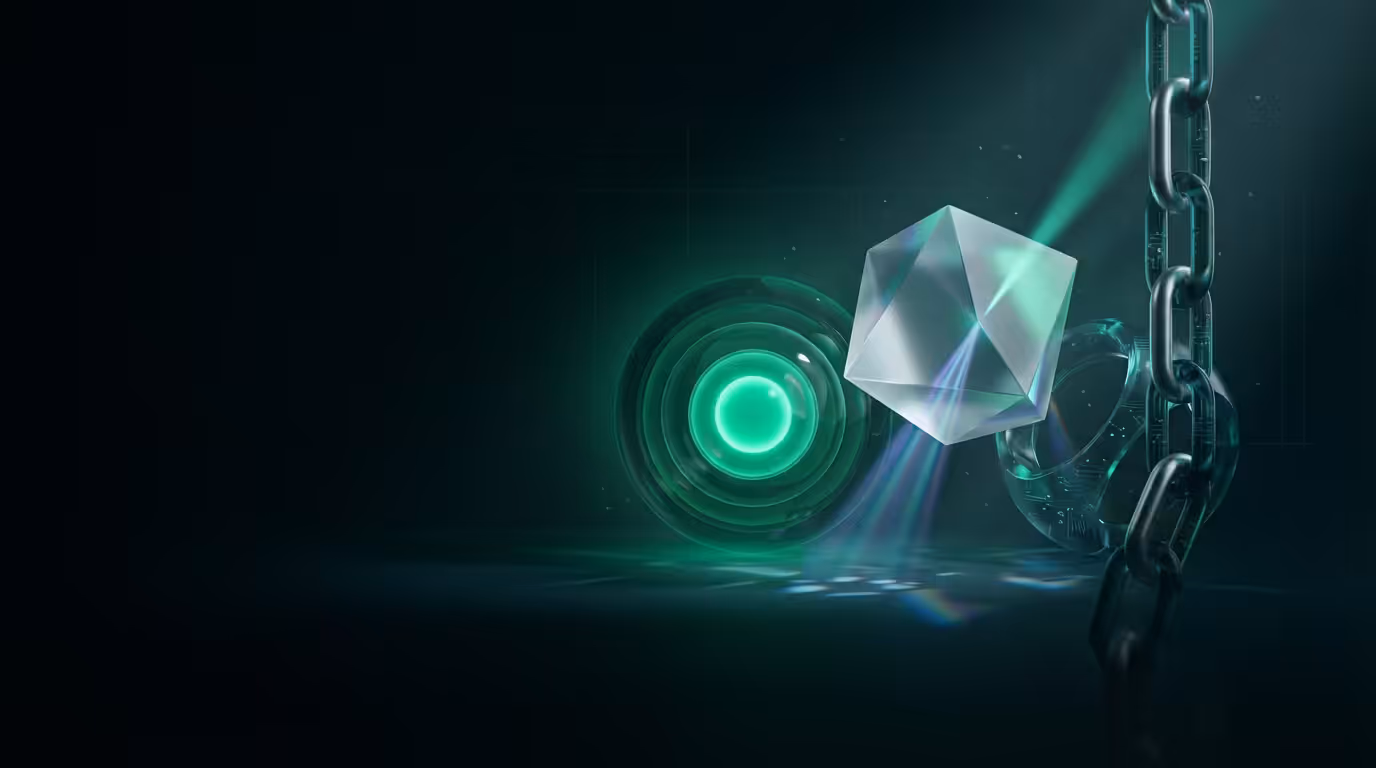 Ilustracao 3D de prisma de vidro, esferas concêntricas e cadeia metálica representando mecânicas internas do JavaScript