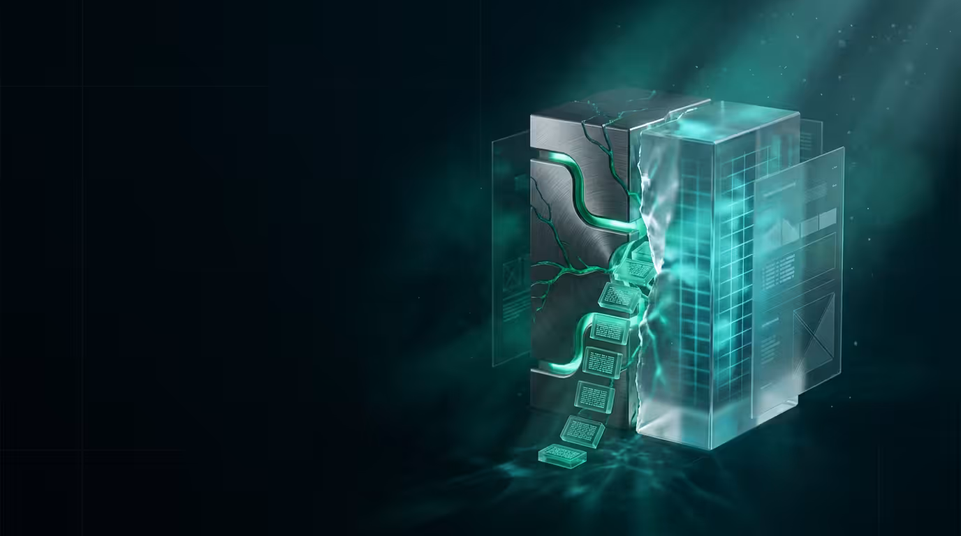 Ilustracao 3D de prisma dividido em leitura e escrita com cascata de eventos representando CQRS e Event Sourcing