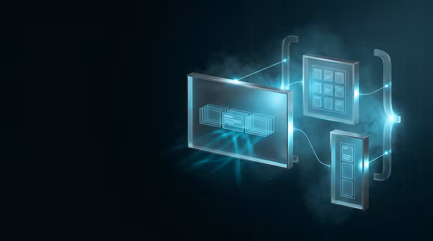 Ilustracao 3D de paineis de vidro fosco com layouts adaptativos representando CSS Container Queries