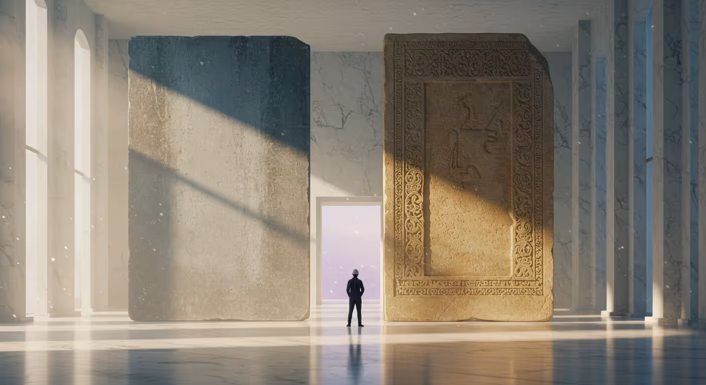 Dois tablets de pedra monumentais em salão de mármore representando abordagens contrastantes de estilização CSS