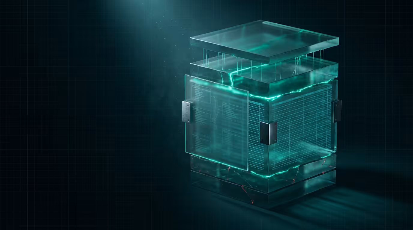 Ilustracao 3D de blocos de vidro empilhados com luz esmeralda representando database migrations seguras em producao