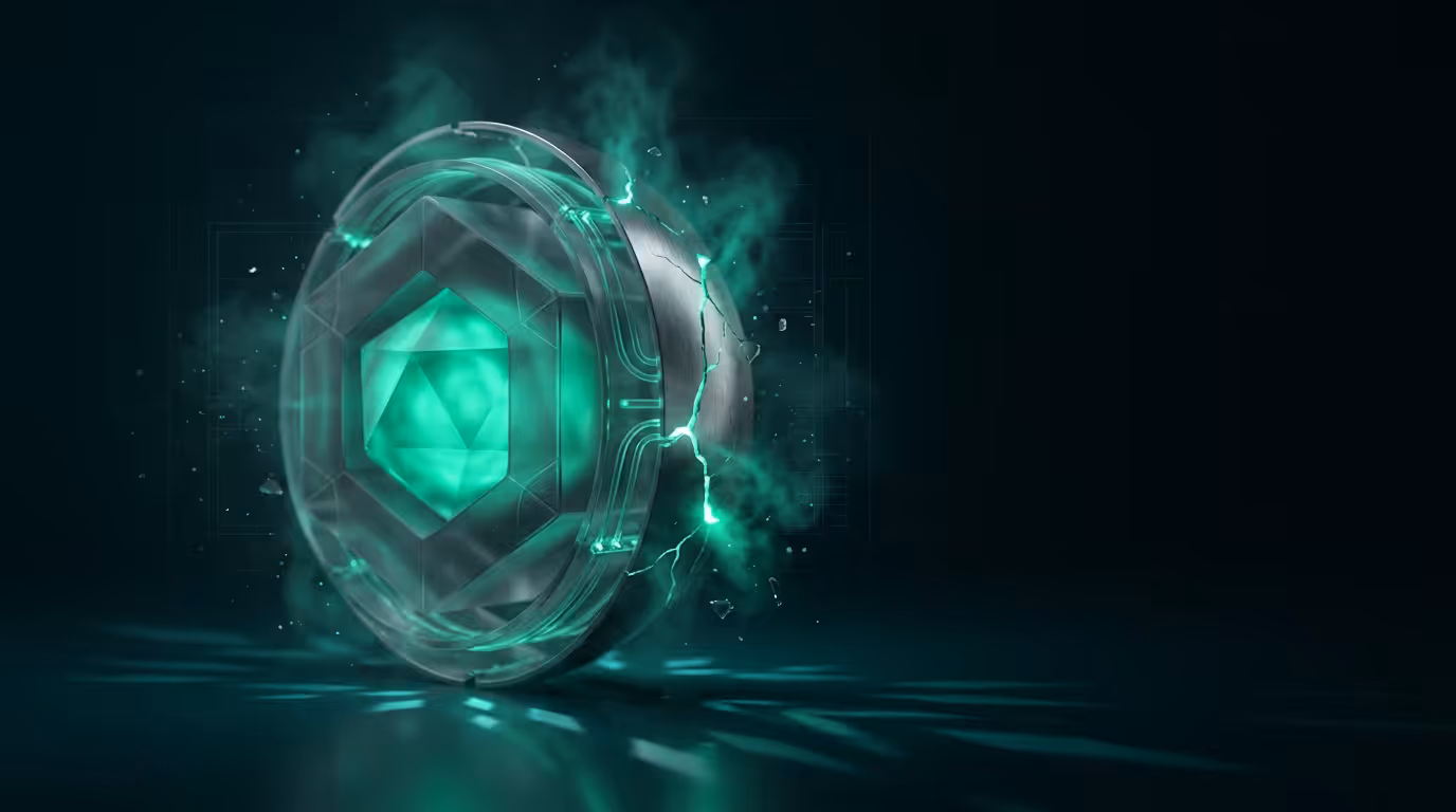Ilustração 3D de fortaleza cristalina em camadas translúcidas com luz esmeralda representando Domain-Driven Design