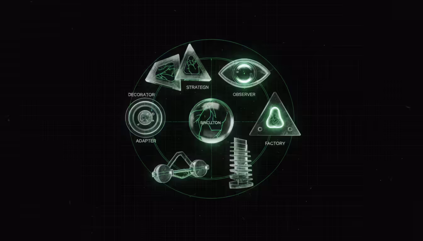 Ilustracao 3D de sete estruturas geometricas de vidro translucido conectadas representando design patterns em TypeScript