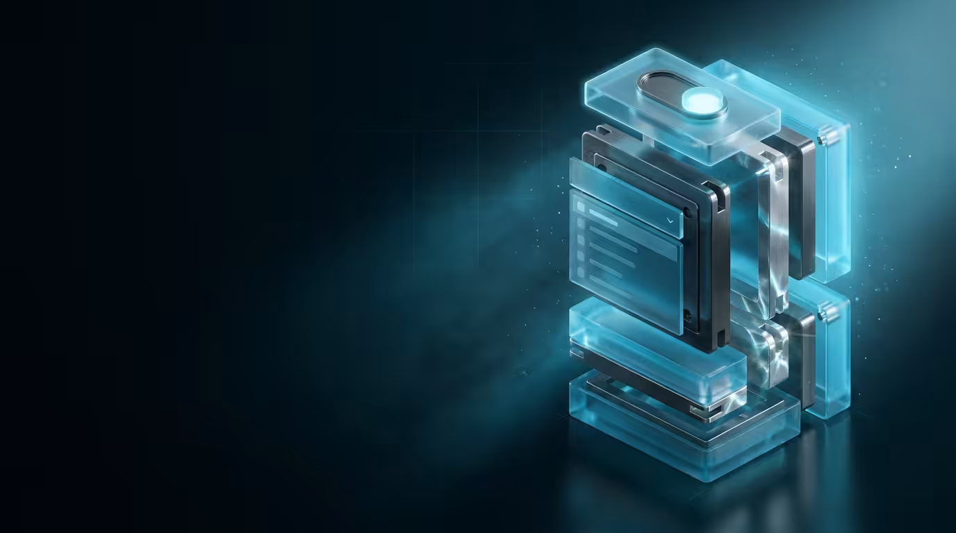 Ilustracao 3D de blocos modulares de vidro fosco e metal encaixados representando design system com Radix UI e Tailwind CSS