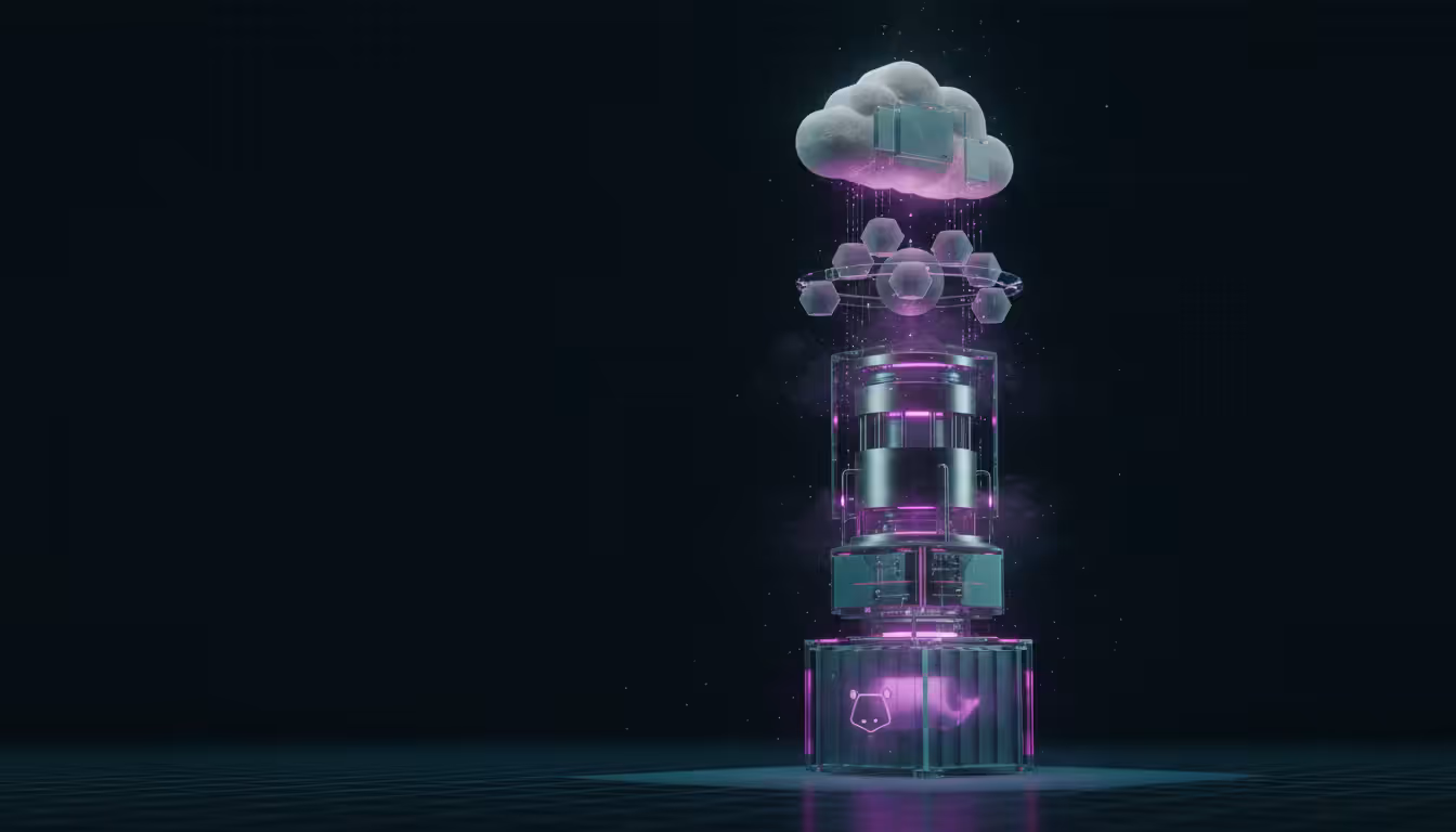 Ilustração 3D de pipeline vertical com containers Docker, pods Kubernetes e nuvem AWS representando DevOps em produção