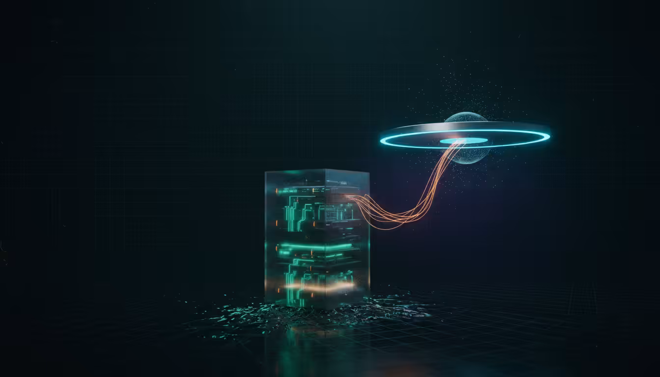 Ilustracao 3D de torre serverless e disco edge conectados por fibras oticas representando edge functions vs serverless