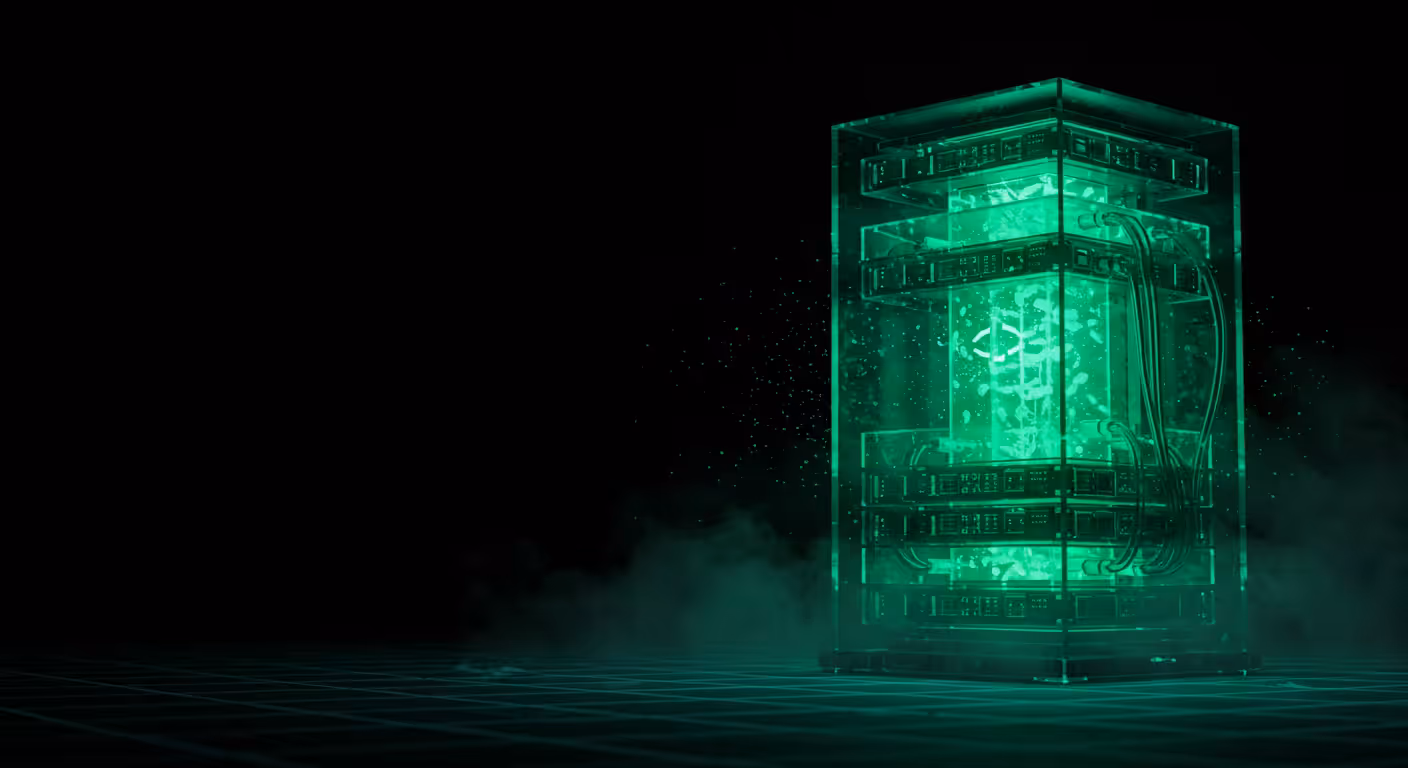 Ilustracao 3D de torre servidor em camadas de vidro translucido com luz esmeralda representando engenharia backend Node.js