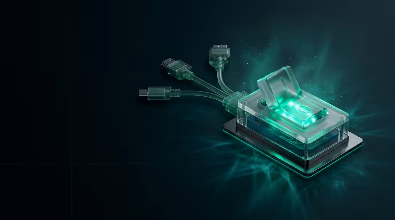 Ilustracao 3D de toggle switch translucido com cabos adaptadores intercambiaveis representando feature flags independentes