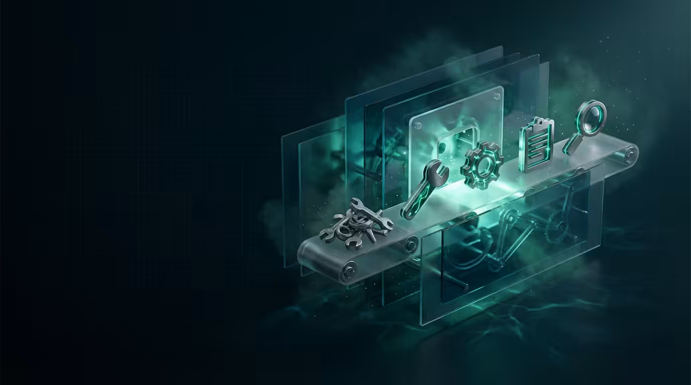 Ilustracao 3D de esteira automatizada com ferramentas luminosas representando automacao de tarefas JavaScript