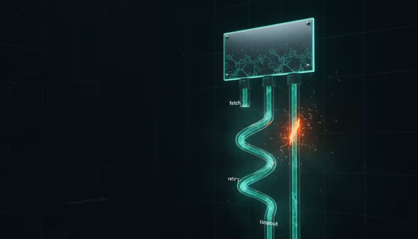 Ilustracao 3D de condutos de vidro translucido com luz esmeralda representando fetch retry e timeout em APIs