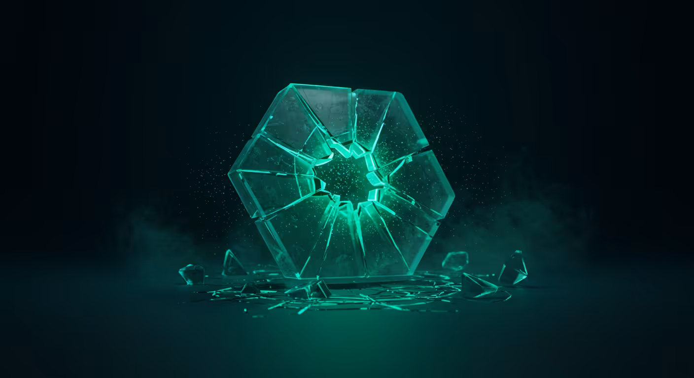 Ilustração 3D de prisma hexagonal de vidro fraturado com luz esmeralda representando lacunas críticas em JavaScript