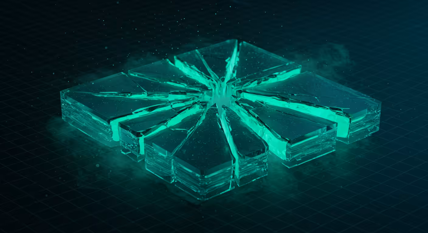 Ilustração 3D de bloco de vidro translúcido fraturado com luz esmeralda representando lacunas críticas em JavaScript