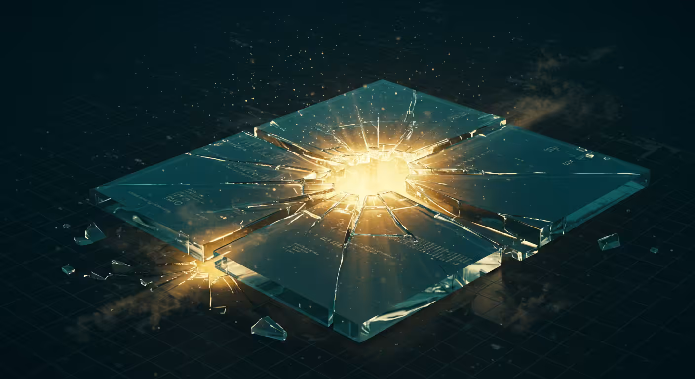 Ilustração 3D de placa de vidro fosco fraturada com luz dourada escapando pelas rachaduras representando lacunas em JavaSc...