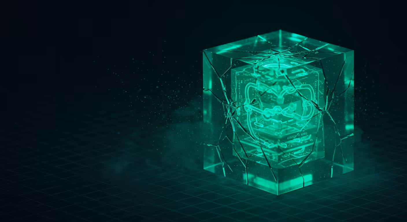 Ilustracao 3D de cubo translucido fraturado com camadas internas iluminadas representando lacunas ocultas do JavaScript