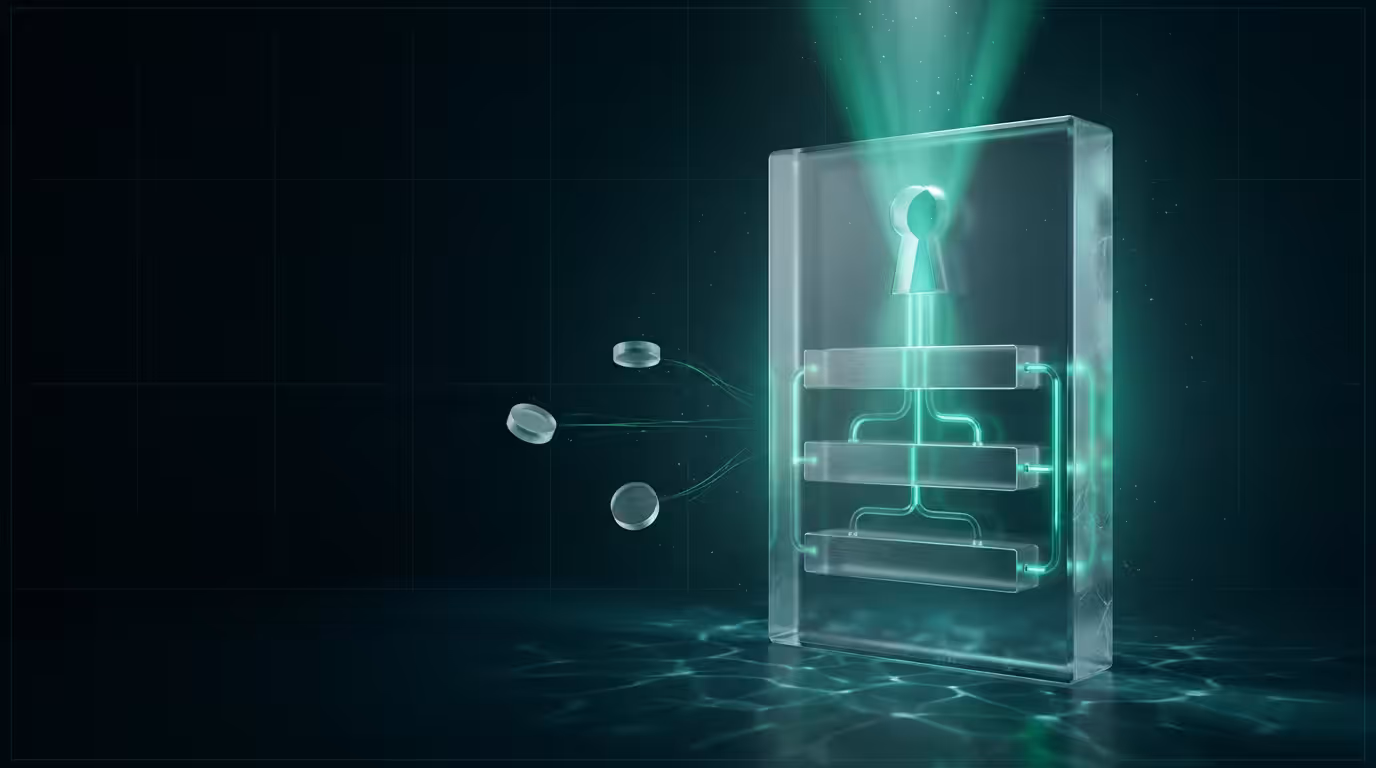 Ilustracao 3D de portal translucido com condutos bioluminescentes verdes representando integracao com API do LinkedIn
