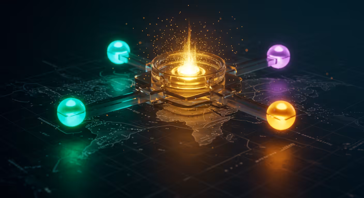 Ilustracao 3D de uma rosa dos ventos de vidro fosco sobre mapa topografico representando guia completo do dev web