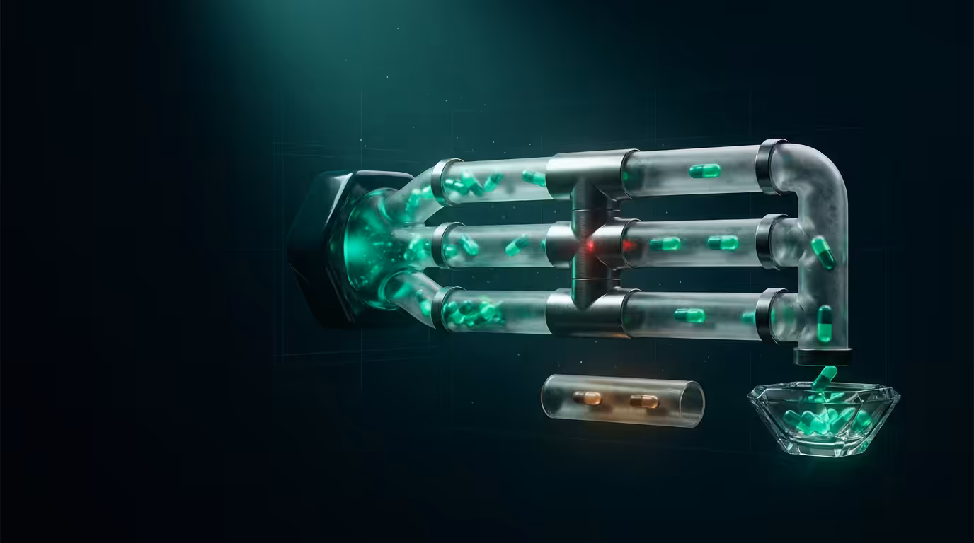 Ilustracao 3D de tubos de vidro translucido com capsulas luminosas verdes representando filas de mensageria BullMQ e Redis