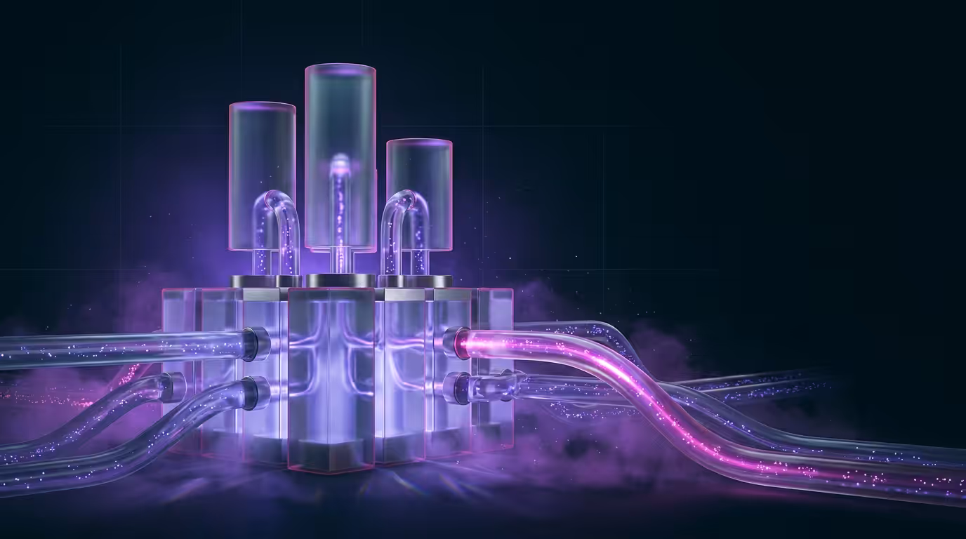 Ilustracao 3D de estrutura cristalina com condutos luminosos violeta representando monorepo Turborepo com pipelines
