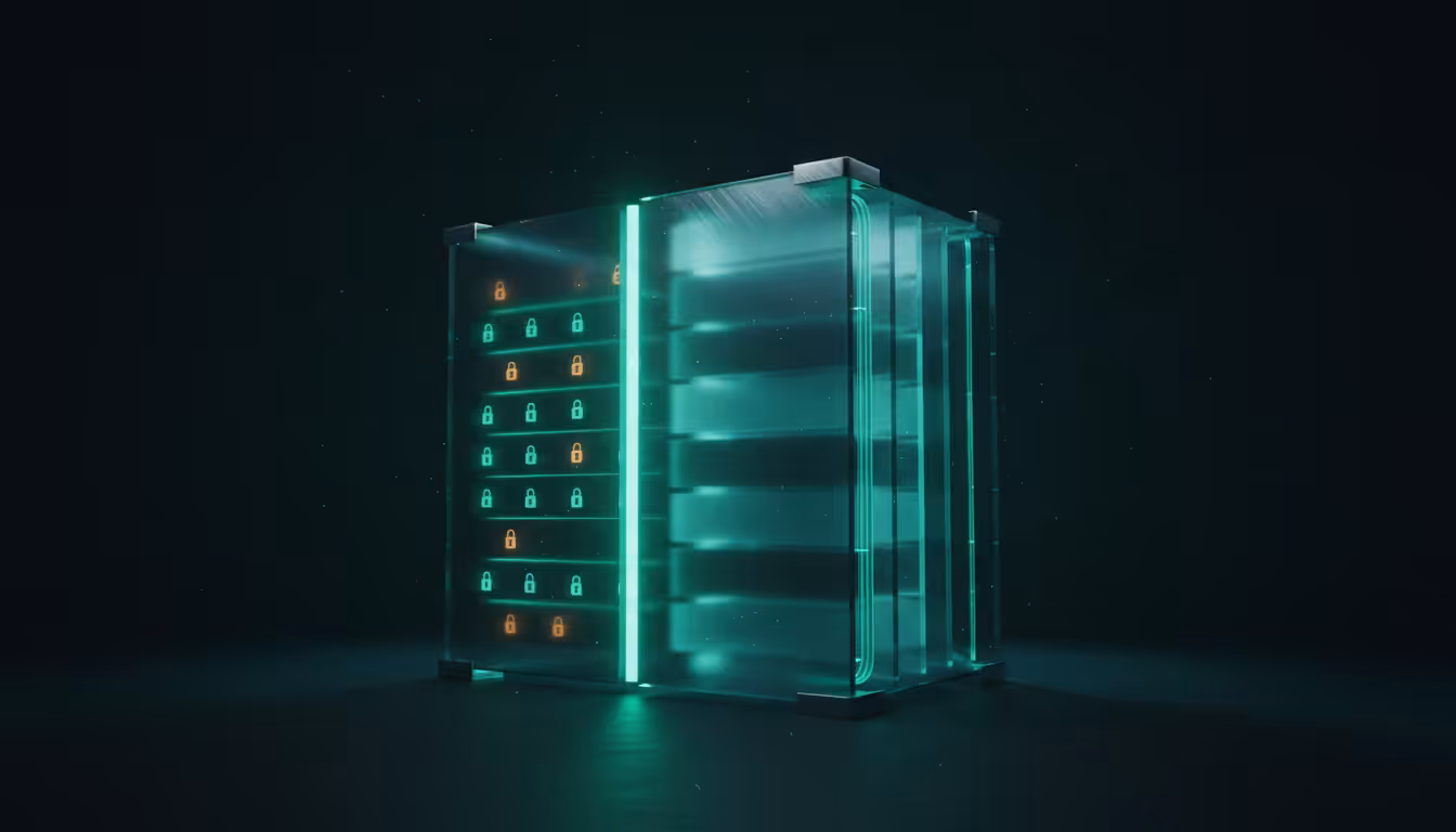 Ilustração 3D de bloco de banco de dados em vidro fosco dividido entre rows com locks e schemas isolados representando mul...