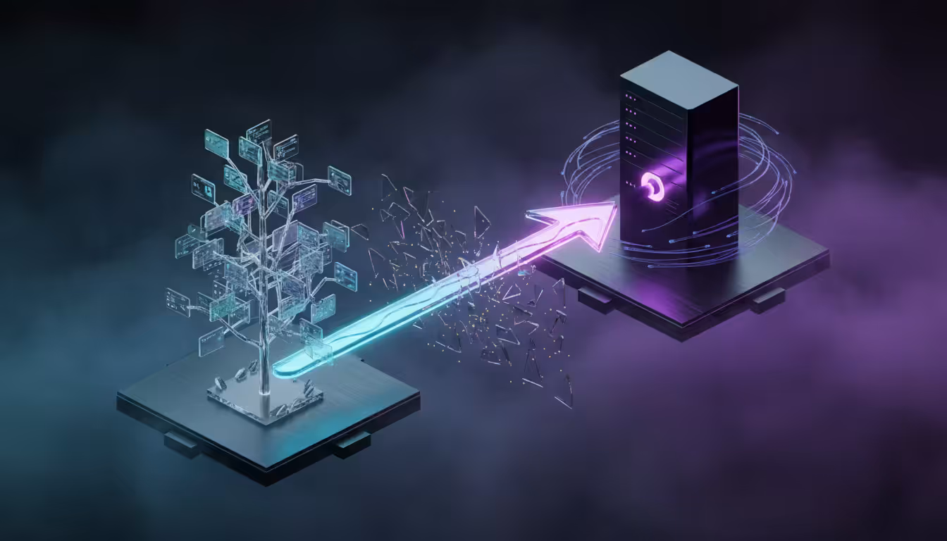 Ilustracao de ponte luminosa conectando componente React a servidor representando Server Actions do Next.js 15