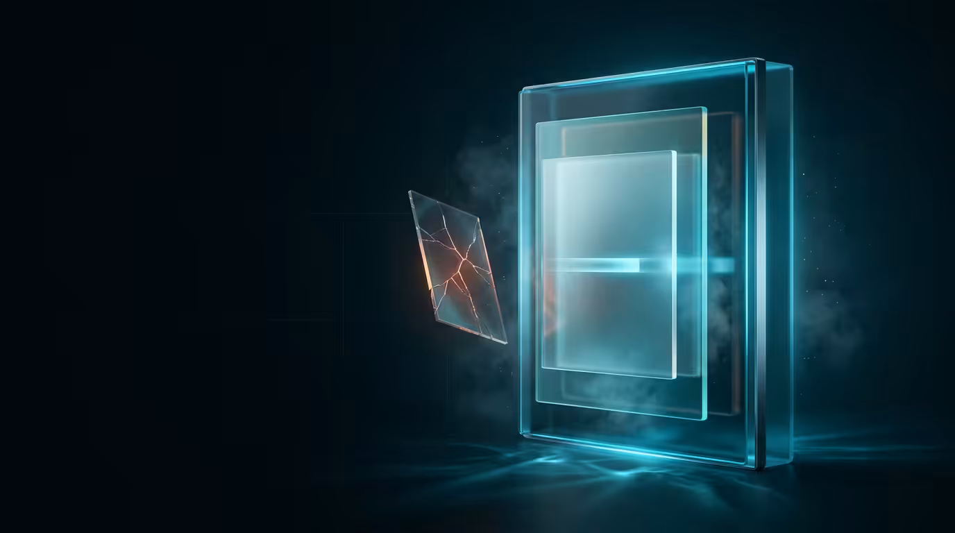 Ilustracao 3D de paineis de vidro fosco aninhados com brilho ciano representando layouts e error boundaries no Next.js 15