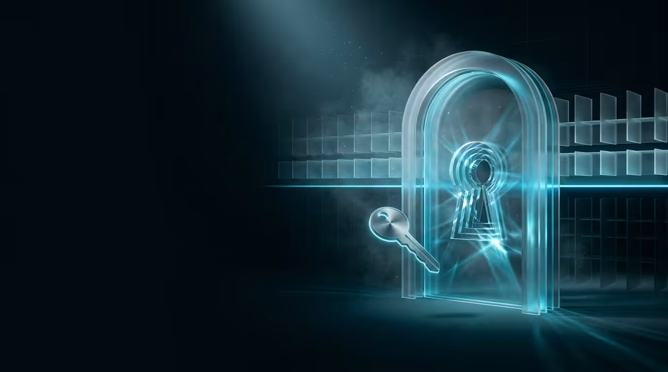 Ilustracao 3D de portal de vidro translucido com fechadura representando autenticacao e middleware no Next.js