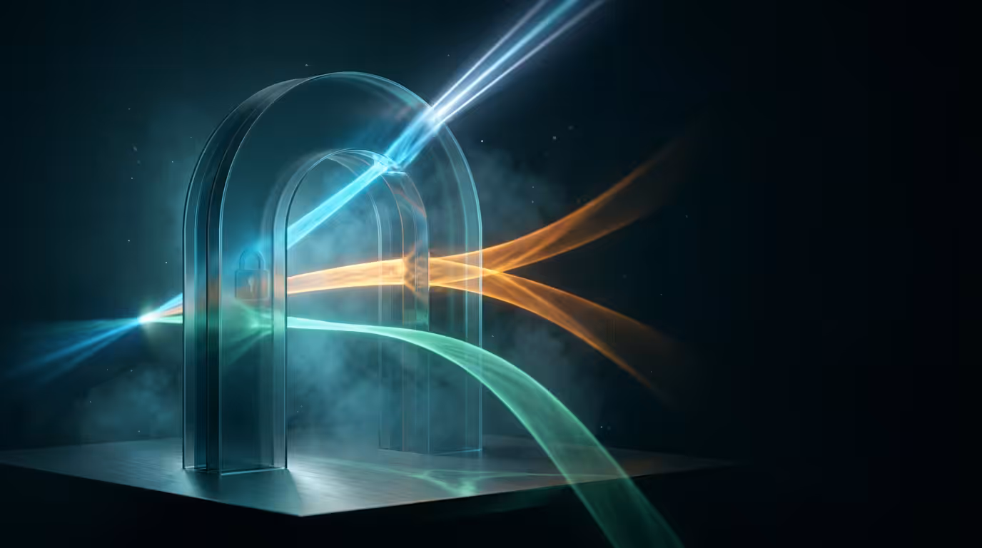 Ilustracao 3D de um portal de vidro fosco interceptando feixes de luz coloridos representando middleware Next.js na edge