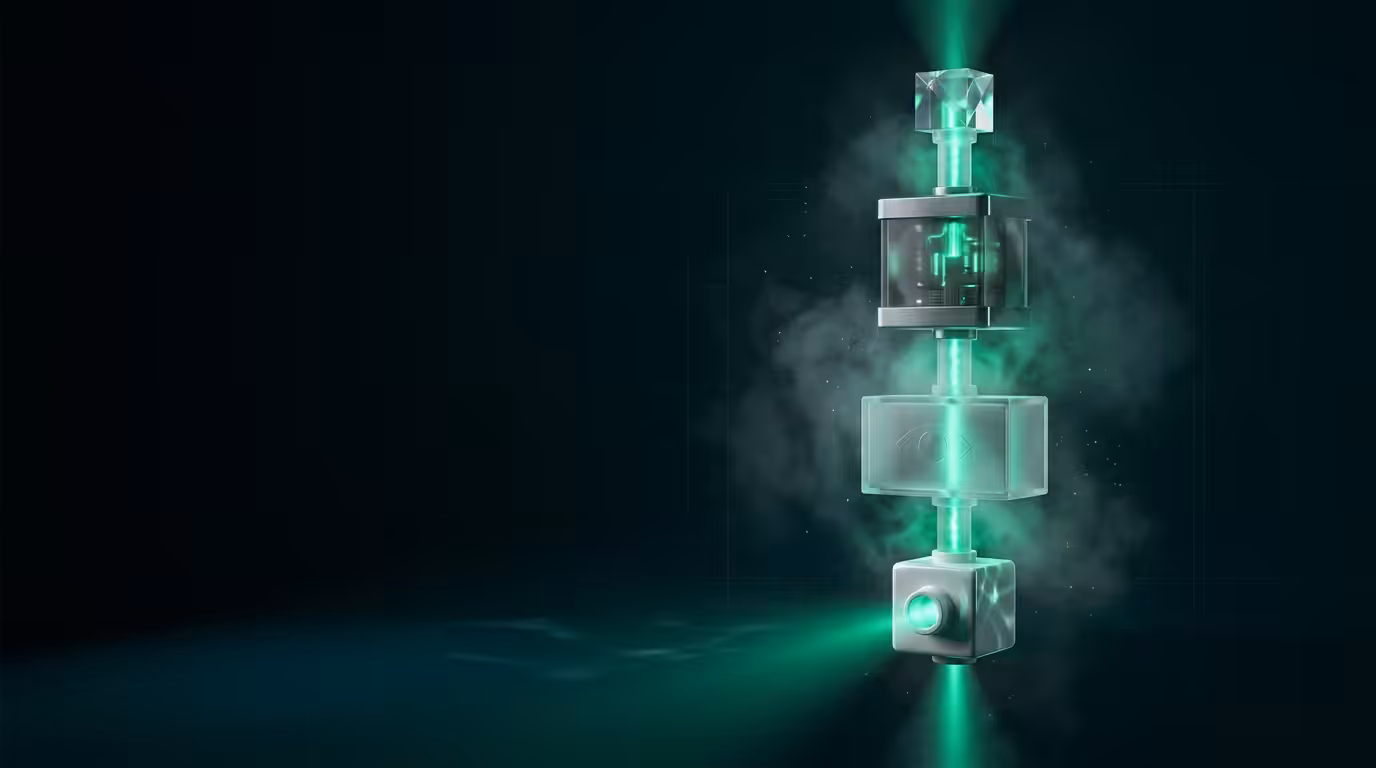 Ilustracao 3D de pipeline vertical com modulos de vidro translucido e luz esmeralda representando automacao de conteudo co...