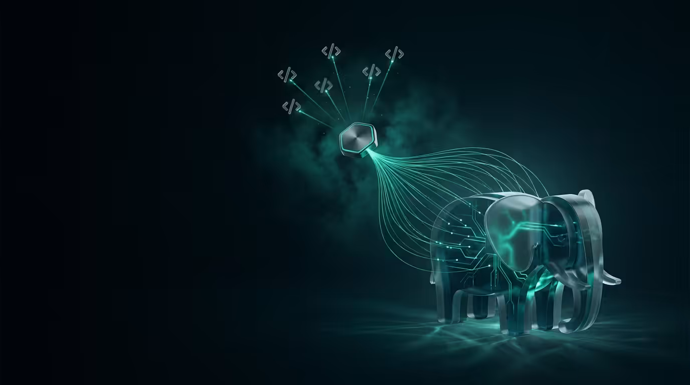 Ilustração 3D de elefante Postgres em vidro translúcido com conexões luminosas verdes convergindo em proxy serverless