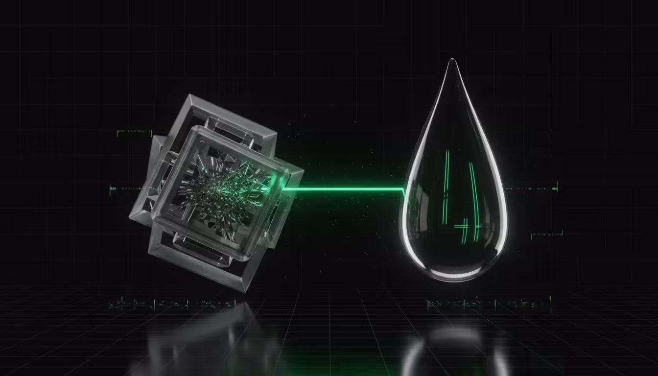 Ilustracao 3D de dois objetos de vidro contrastantes com luz verde representando benchmark Prisma vs Drizzle ORM