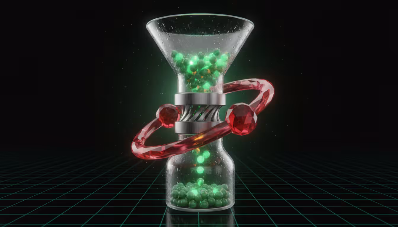 Ilustracao 3D de ampulheta de vidro com mecanismo de controle de fluxo representando rate limiting com Redis e Node.js