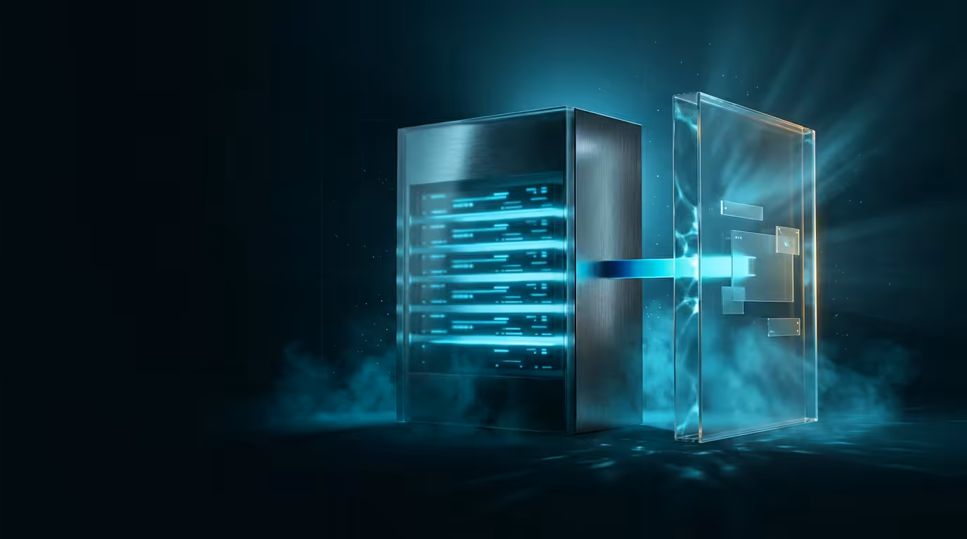 Ilustracao 3D de estrutura de vidro dividida em duas metades representando Server e Client Components no Next.js