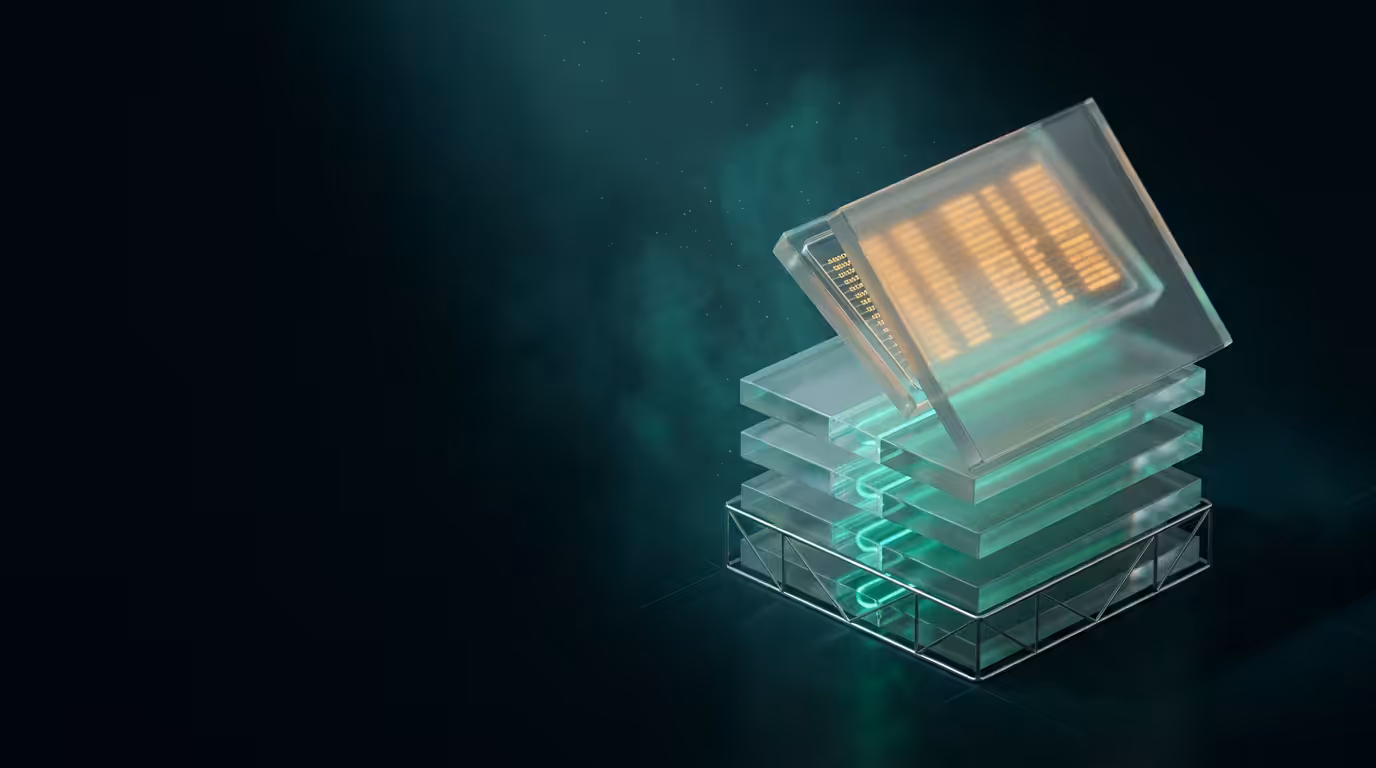 Ilustracao 3D de camadas de vidro translucido empilhadas representando reversao segura de migrations em banco de dados