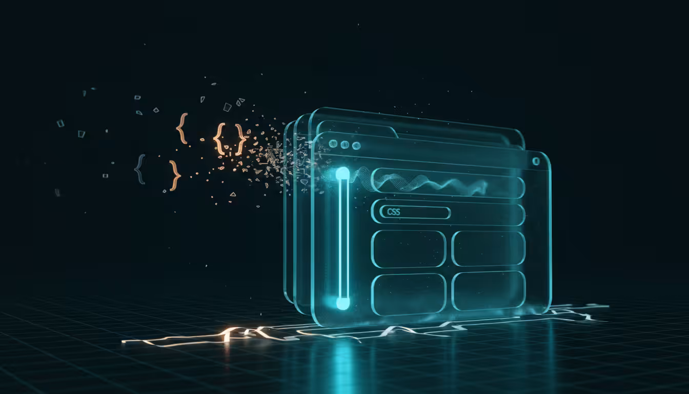 Ilustracao 3D de painel de vidro fosco com scroll luminoso cyan e fragmentos JS se dissolvendo representando CSS nativo