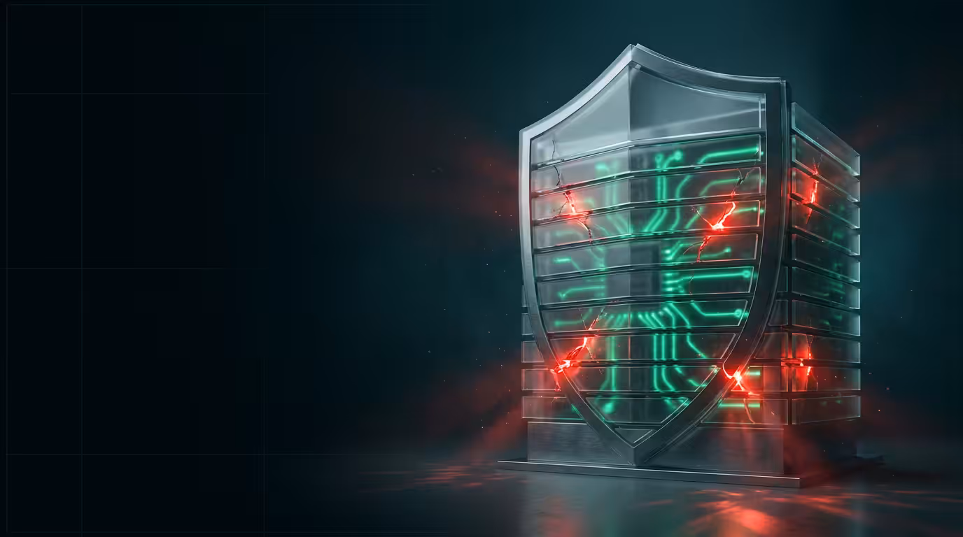 Ilustracao 3D de estrutura de servidor blindada com fissuras luminosas representando seguranca OWASP em APIs Node.js