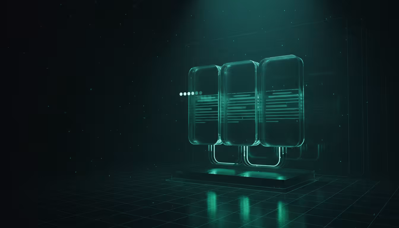 Ilustracao 3D de camaras de vidro translucido conectadas por condutos luminosos representando chat com Socket.IO