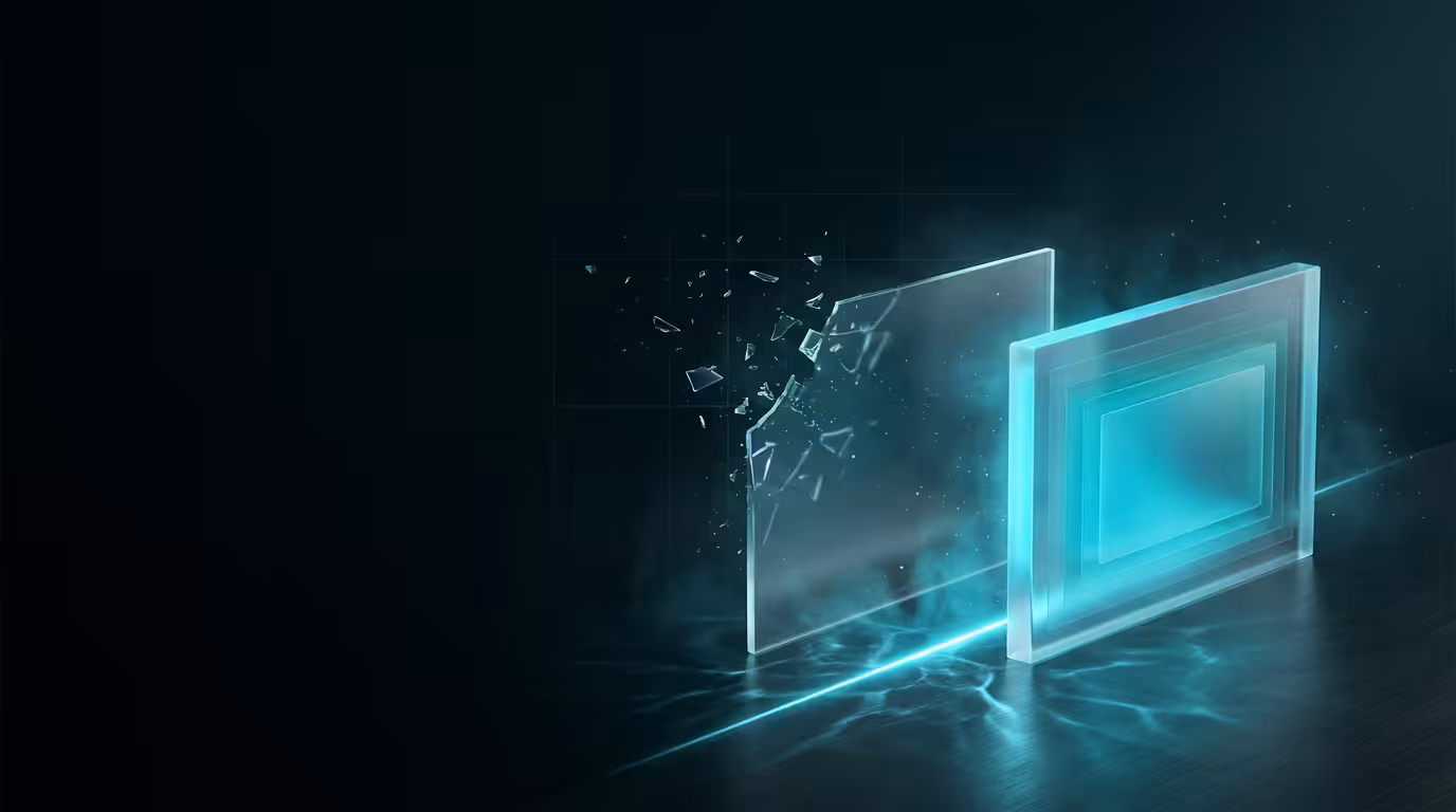 Ilustracao 3D de paineis de vidro em transicao de invisivel para visivel representando CSS starting-style
