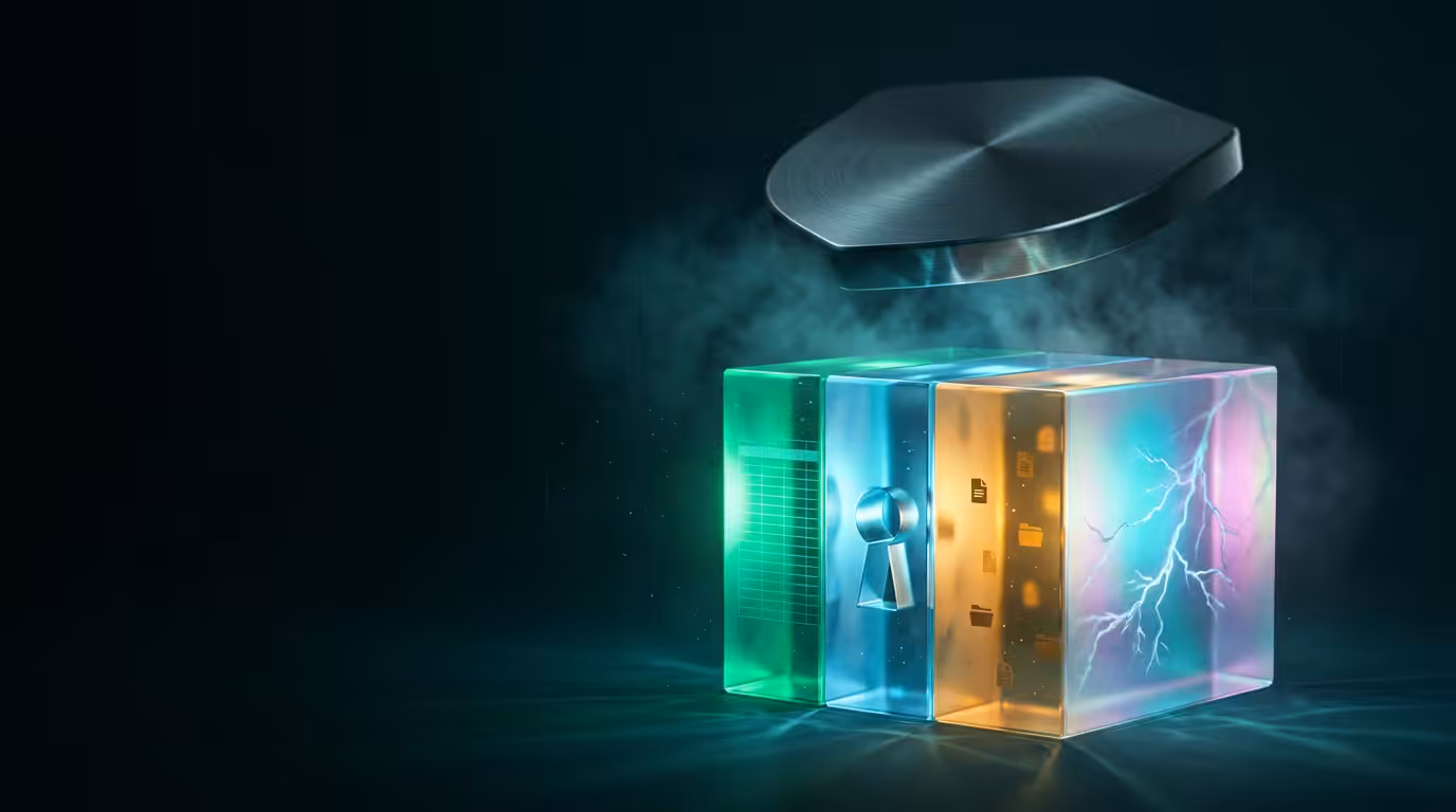 Ilustração 3D de cubo translúcido com quatro camadas luminosas representando Supabase como backend completo para Next.js