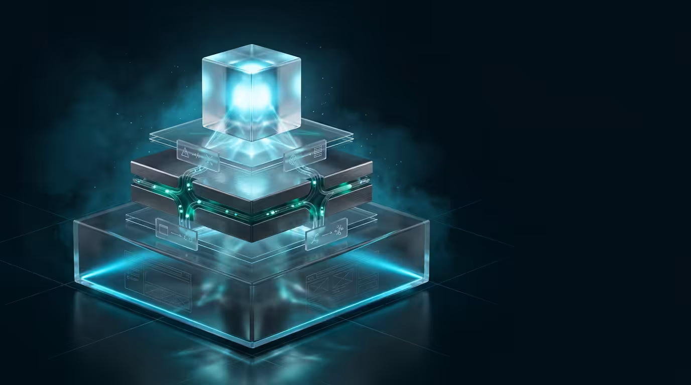 Ilustracao 3D de piramide de testes em vidro translucido com luz ciano representando testes automatizados para APIs Next.js