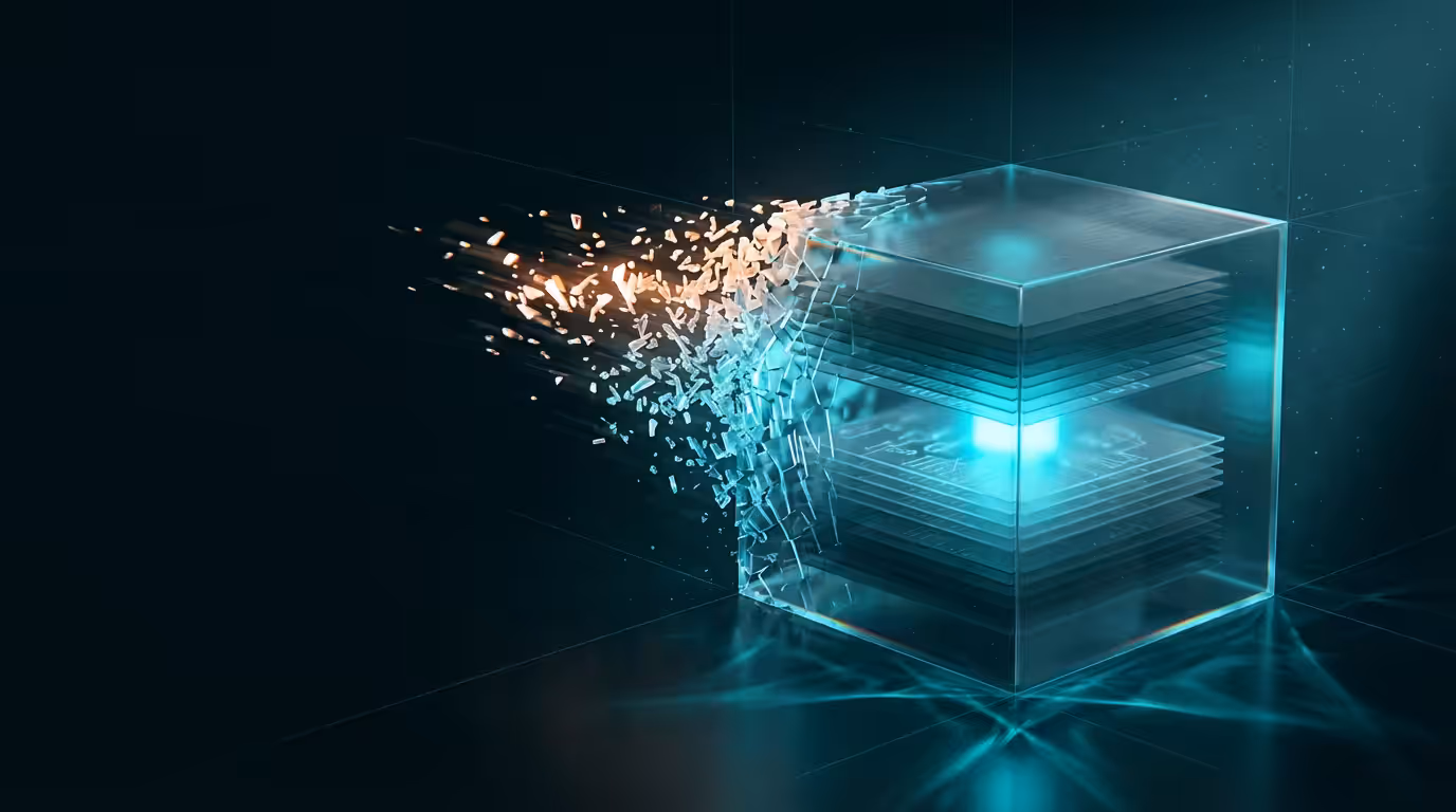 Ilustracao 3D de cubo cristalino fragmentando-se em alta velocidade representando Turbopack no Next.js