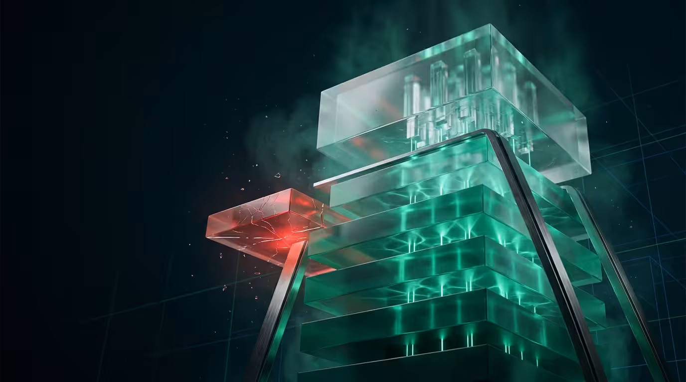 Ilustracao 3D de camadas de schema empilhadas em vidro translucido verde representando migrations de banco de dados